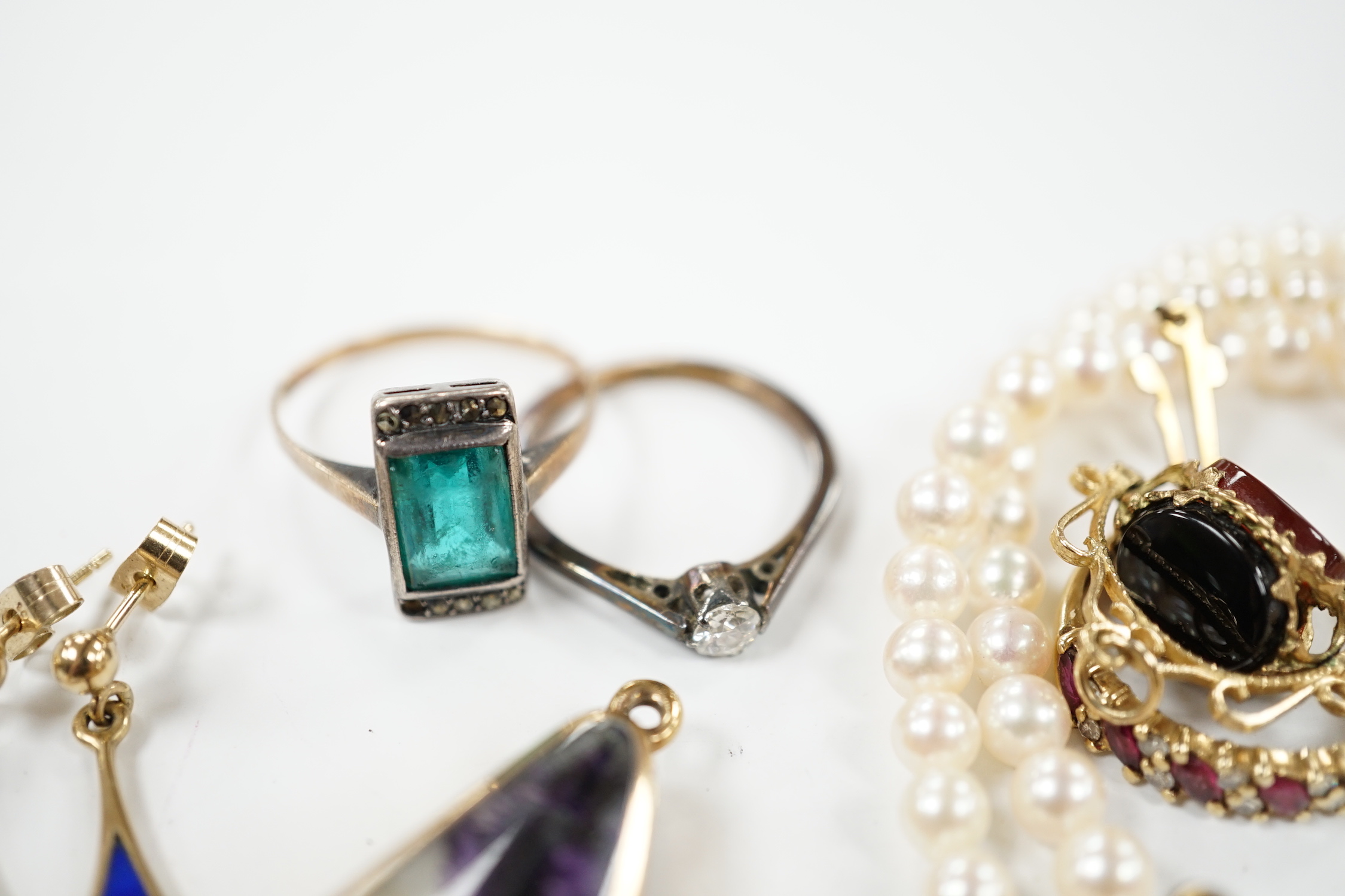 A small group of mainly modern 9ct jewellery including three gem rings, including solitaire diamond, five gem set pendants, including 9ct gold mounted banded agate and blue john, by David Scott Walker, a pair of lapis la